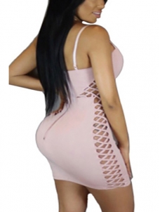 Pink V Neck Hollow-out Sheath Mini Dress