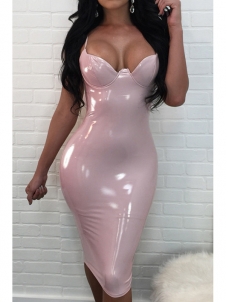 Pink V Neck Zipper Design Knee Dress