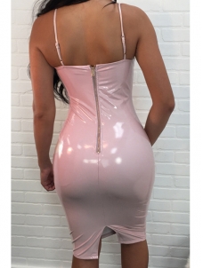 Pink V Neck Zipper Design Knee Dress