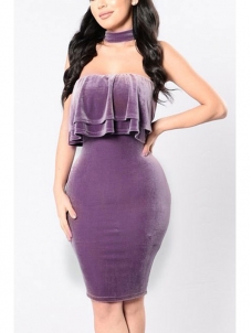 Purple Charming Halter Neck Sleeveless Flouncing Dress