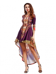 Purple Three Quarter Sleeves Printed Asymmetrical Dress