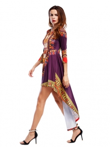 Purple Three Quarter Sleeves Printed Asymmetrical Dress