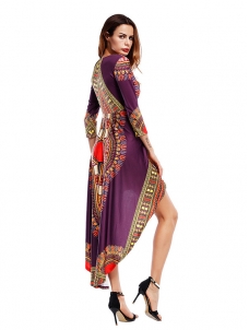 Purple Three Quarter Sleeves Printed Asymmetrical Dress