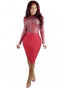 Red  Mandarin Collar Printed Patchwork Bodycon Dress