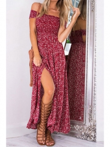Red Dew Shoulder High Split  Maxi Dress 