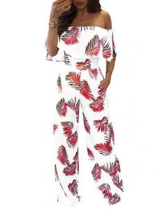 Red Dew Shoulder Print White Milk Jumpsuits