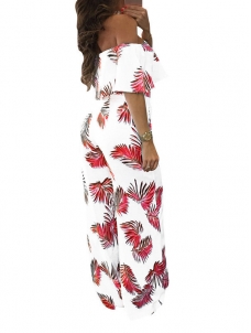 Red Dew Shoulder Print White Milk Jumpsuits