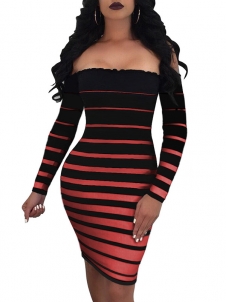 Red Dew Shoulder Striped Bodycon Dress