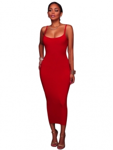 Red Euramerican Sleeveless Sheath Mid Dress  