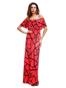 Red Falbala Design Ankle Length Maxi Dress
