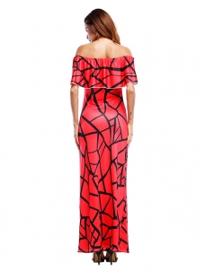 Red Falbala Design Ankle Length Maxi Dress