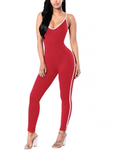 Red Polyester Striped Skinny Jumpsuits