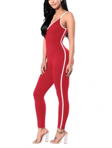 Red Polyester Striped Skinny Jumpsuits