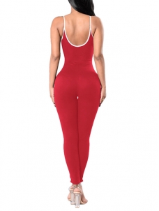 Red Polyester Striped Skinny Jumpsuits