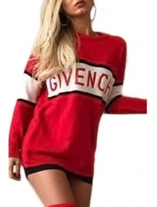 Red Round Neck Letter Patchwork Casual Dress 