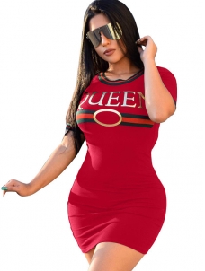 Red Round Neck Letters Printed Casual Dress