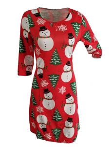 Red Round Neck Long Sleeves Polyester Printed Casual Dress