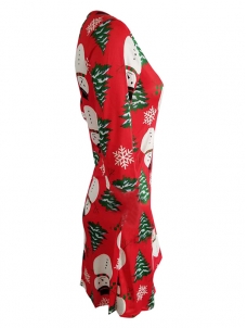 Red Round Neck Long Sleeves Polyester Printed Casual Dress