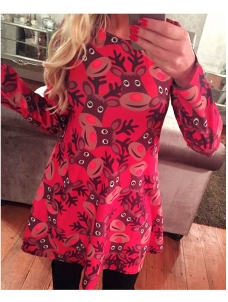 Red Round Neck Printed Blue Casual Dress 