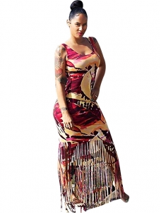 Red Round Neck Tassel Ankle Length Maxi Dress 