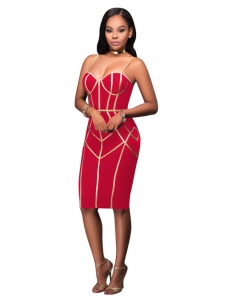 Red S-XL Sexy Striped Straps Midi Dress