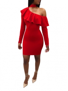 Red S-XXL Sexy Ruffle Overlay Mini Dress