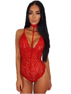 Red Sexy Halter See-Through Lace Bodysuit