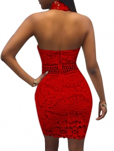 Red Sexy Hollow-out Lace Sheath Mini Dress
