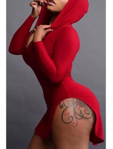 Red Sexy Hooded Collar Irregular Casual Dress 