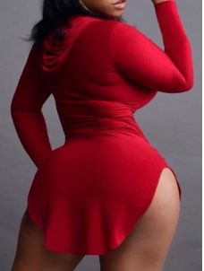 Red Sexy Hooded Collar Irregular Casual Dress 