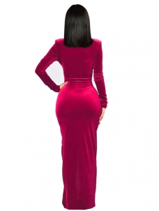 Red Sexy Long Sleeves Side Split Dress 