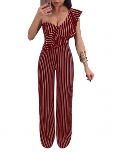 Red Shoulder Ruffle Striped Jumpsuits