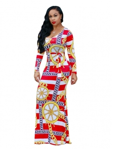 Red Stylish Round Neck Printed Maxi Dress