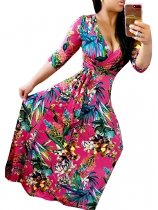 Red Stylish V Neck Half Sleeves Printed Maxi Dress