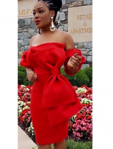 Red Trendy Dew Shoulder Bow-tie Polyester Dress