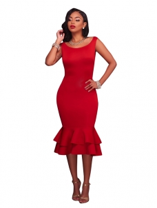 Red Trendy Round Neck Falbala Design Dress