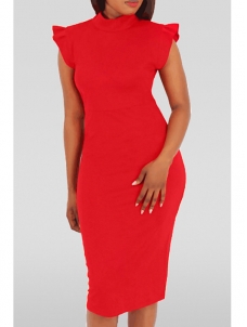 Red Turtleneck Tank Sleeveless Falbala Dress