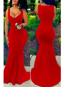 Red U-shaped Neck Sleeveless Maxi Dress