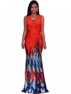 Red V Neck Printed Ankle Length Dress 