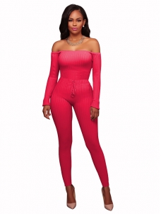 Rose Stylish Dew Shoulder  One-piece Jumpsuits