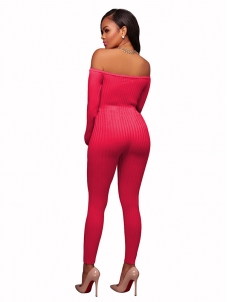 Rose Stylish Dew Shoulder  One-piece Jumpsuits