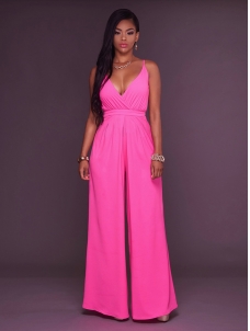 Rose V Neck Backless One-piece Jumpsuits