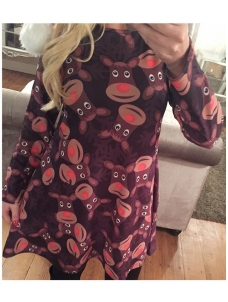 Round Neck Printed Blue Casual Dress 