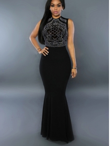 Round Neck Sleeveless Rhinestone Decorative Maxi Dress