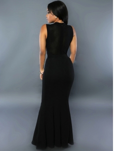 Round Neck Sleeveless Rhinestone Decorative Maxi Dress
