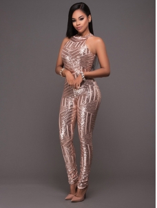 Sexy Backless Champagne Sequined Jumpsuits