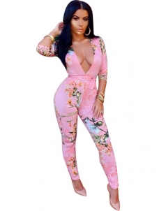 Sexy Deep V Neck Printed Cotton Jumpsuits 