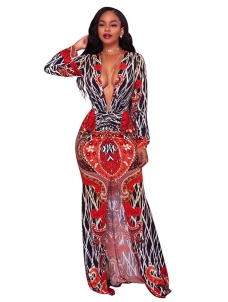 Sexy Deep V Neck Slit Printed Maxi Dress   