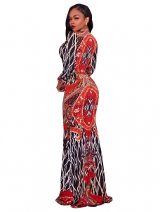 Sexy Deep V Neck Slit Printed Maxi Dress   
