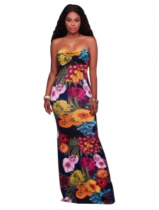 Sexy Dew Shoulder Printed Black Maxi Dress